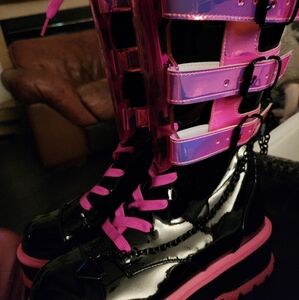 Black and Pink Patent Leather Boots